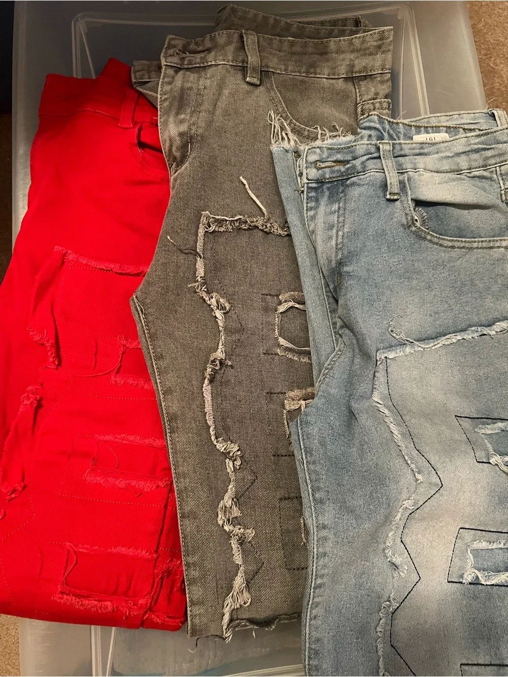 3 Pair Boys Stacked Jeans SZ 16y-Red/Gray/Blue
